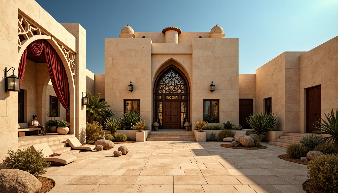 Prompt: Majestic desert villa, gothic architecture, warm beige stone walls, intricately carved wooden doors, ornate ironwork, grandiose arches, mystical stained glass windows, lavish velvet drapes, mysterious lanterns, ancient artifacts, sandy dunes, cactus plants, hot sunny day, clear blue sky, vast open space, dramatic shadows, warm golden lighting, high contrast, 1/2 composition, symmetrical framing, realistic textures, ambient occlusion.