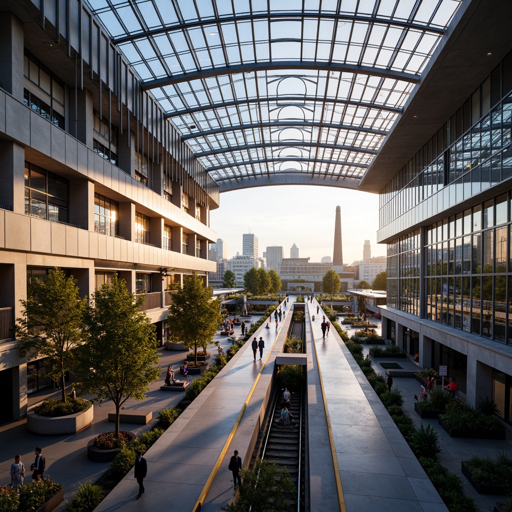 Prompt: Vibrant train station, large glass roofs, clerestory windows, transparent canopies, open atriums, minimalist columns, sleek metal beams, polished concrete floors, modern architecture, abundant natural light, soft warm ambiance, shallow depth of field, 3/4 composition, panoramic view, realistic textures, ambient occlusion, bustling atmosphere, rush hour scenes, urban landscape, city skyline, morning sunlight, afternoon glow, evening twilight.