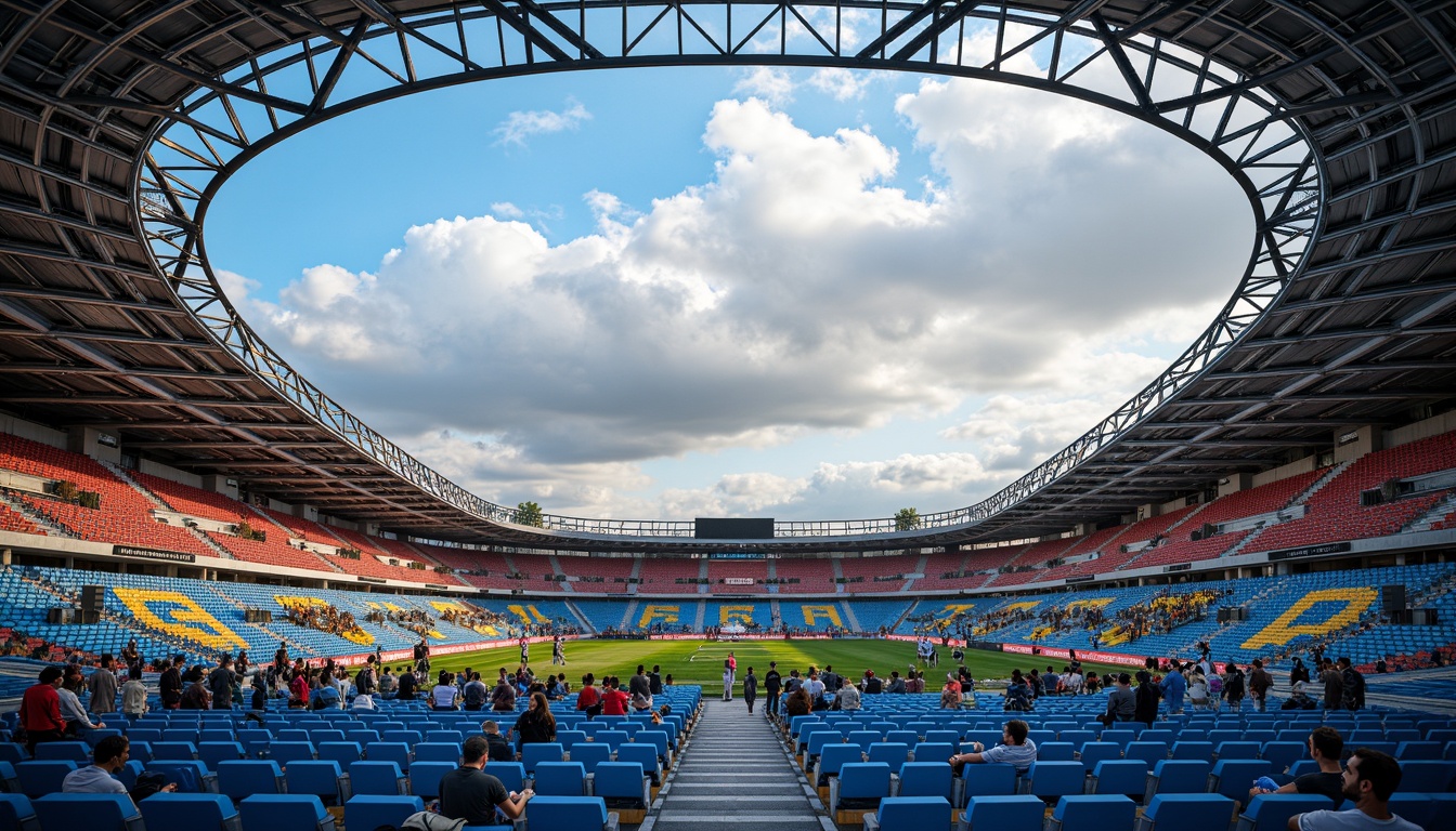 Prompt: Vibrant stadium atmosphere, electric blue seats, bright yellow accents, bold red stripes, dynamic LED lighting, modern angular architecture, sleek metal beams, polished concrete floors, energetic crowd scenes, sunny day with fluffy white clouds, shallow depth of field, 1/1 composition, realistic textures, ambient occlusion, dramatic shadows, warm golden hour lighting.