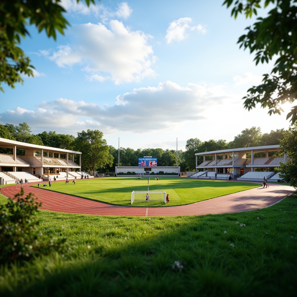 Prompt: Athletic sports fields, lush green grass, vibrant track lines, modern stadium seating, scoreboard displays, floodlighting, sunny afternoon, shallow depth of field, 3/4 composition, panoramic view, realistic textures, ambient occlusion, rubberized tracks, professional goalposts, soccer nets, basketball hoops, tennis courts, athletic equipment storage, water coolers, sports medicine facilities, referee areas, spectator zones, accessible walkways, natural stone pathways, modern fencing systems.