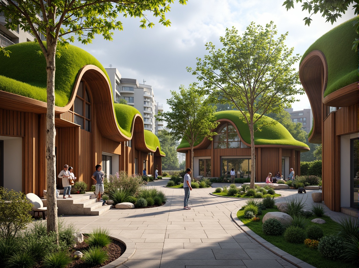 Prompt: Whimsical zoo entrance, undulating organic forms, vibrant green roofs, wavy wooden structures, playful animal sculptures, natural stone walls, curved glass facades, biomimetic architecture, futuristic blob-like buildings, iridescent colors, shimmering textures, soft warm lighting, shallow depth of field, 1/1 composition, panoramic view, realistic renderings, ambient occlusion, lush vegetation, tropical plants, misty atmosphere, morning sunlight.