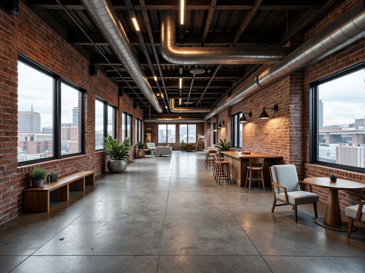 Prompt: Exposed brick walls, metal beams, industrial pipes, concrete floors, reclaimed wood accents, urban cityscape views, functional lighting fixtures, minimalist decor, neutral color scheme, weathered steel tones, distressed finishes, earthy brown hues, deep blue undertones, warm beige highlights, softbox lighting, shallow depth of field, 2/3 composition, realistic textures, ambient occlusion.