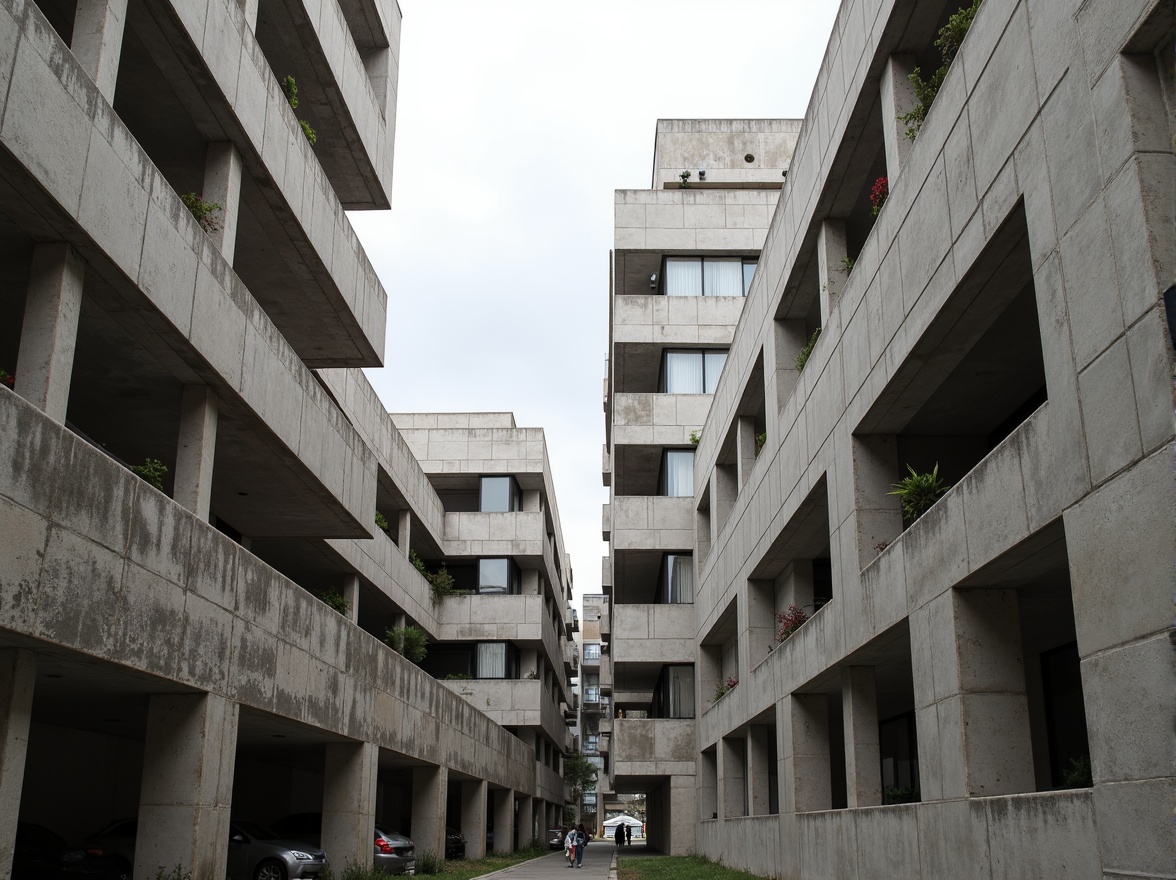 Prompt: Exposed concrete structures, rugged textures, fortress-like buildings, monumental scale, raw unfinished surfaces, bold geometric forms, dramatic cantilevers, chunky columns, brutalist fa\u00e7ades, industrial materials, weathered steel beams, rough-hewn stone walls, angular lines, minimalist ornamentation, functional simplicity, urban context, overcast skies, high-contrast lighting, deep shadows, 1/1 composition, symmetrical framing, gritty realistic textures, ambient occlusion.