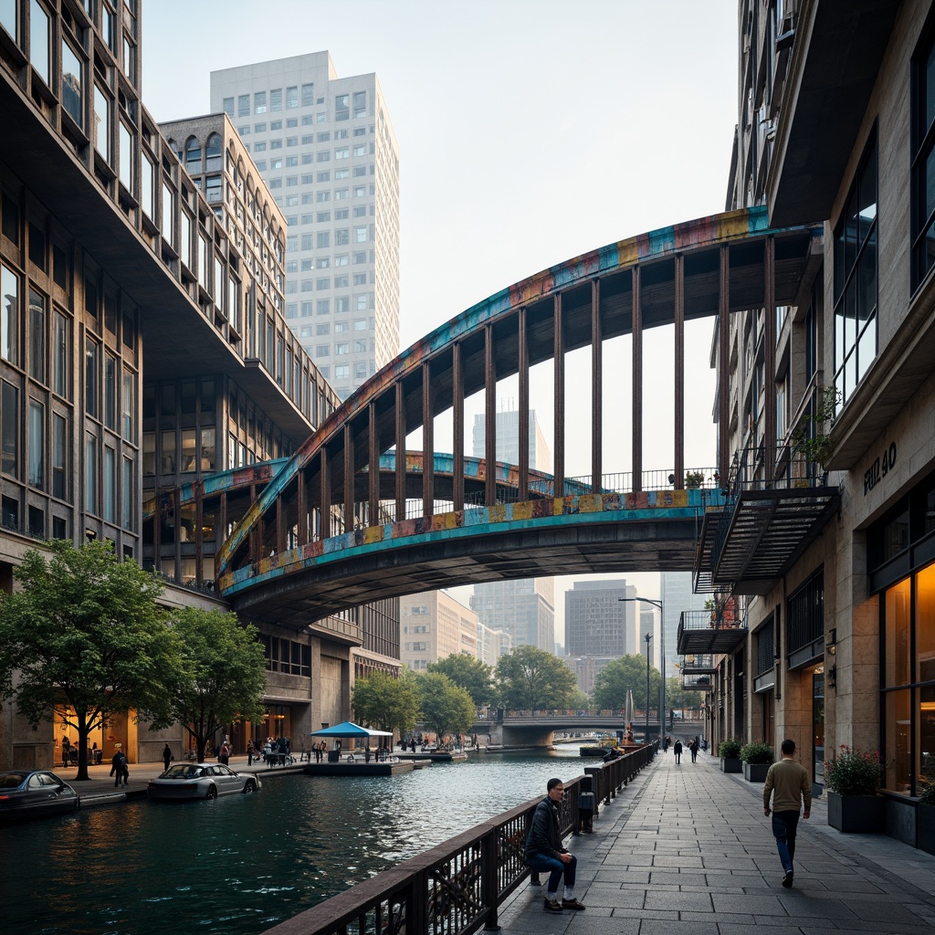 Prompt: Eclectic bridge architecture, curved lines, irregular shapes, mixed materials, steel beams, stone pillars, wooden decks, vibrant color schemes, ornate details, Gothic-inspired arches, Romanesque columns, Art Nouveau motifs, futuristic accents, dynamic lighting, misty atmosphere, urban cityscape, riverbank setting, pedestrian walkways, vehicle traffic flow, 1/2 composition, low-angle shot, dramatic shadows, realistic textures, ambient occlusion.