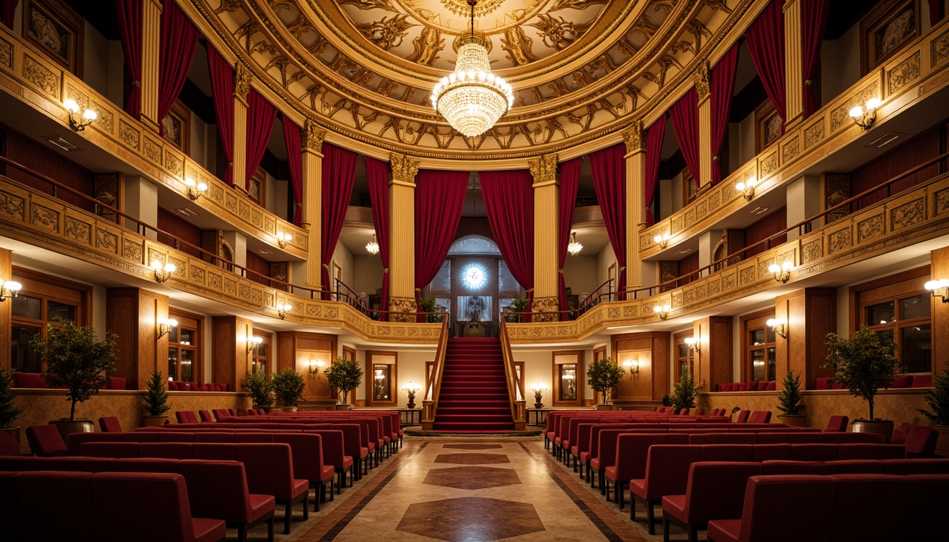 Prompt: Grandiose opera house, ornate golden details, crimson velvet curtains, majestic chandeliers, intricate moldings, marble floors, sweeping staircases, lavish furnishings, rich tapestries, dramatic spotlights, warm ambient lighting, shallow depth of field, 1/1 composition, symmetrical framing, opulent textures, subtle color grading.