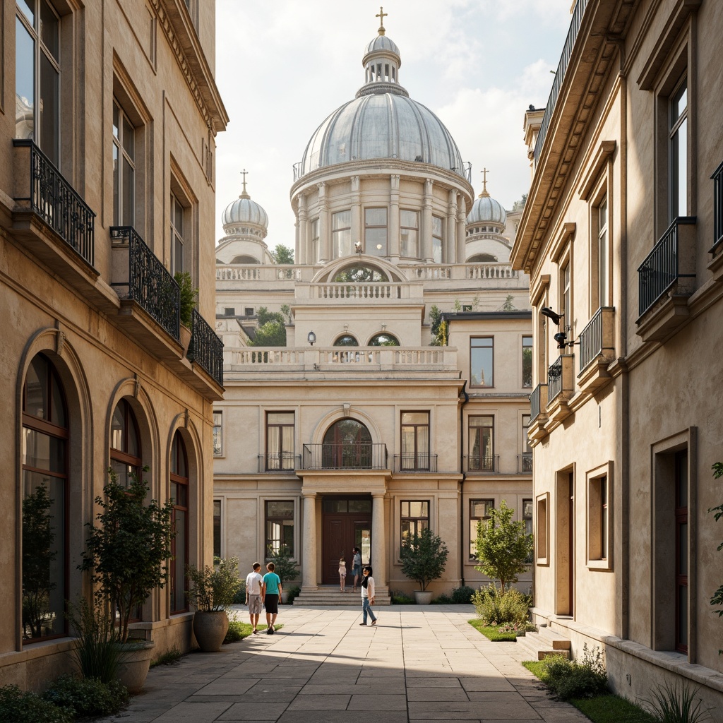 Prompt: Elegant classical buildings, ornate details, neutral beige tones, soft creamy whites, rich warm grays, subtle earthy browns, muted terracotta reds, calming blue-greens, intricate moldings, ornamental columns, grandiose archways, refined stucco textures, subtle weathered effects, warm golden lighting, shallow depth of field, 1/1 composition, realistic renderings, ambient occlusion.