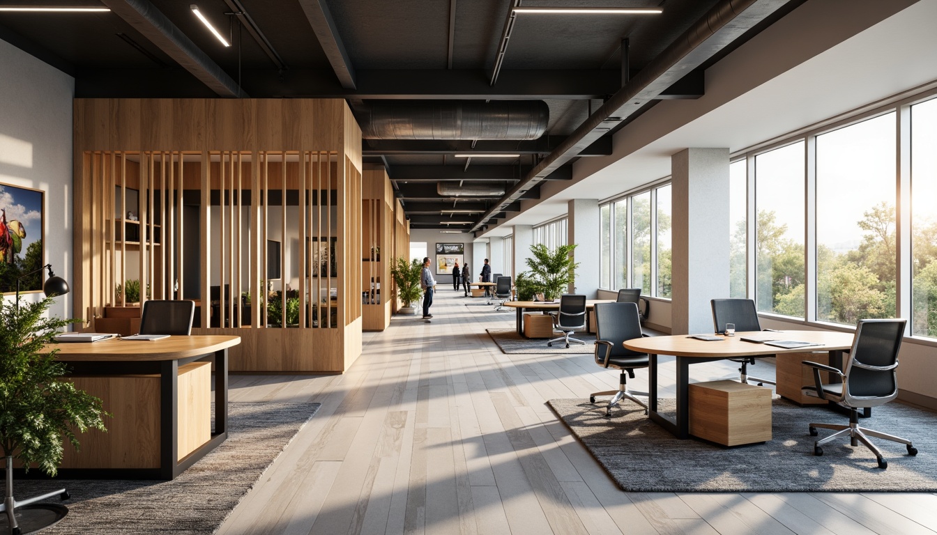 Prompt: Functional office space, modern minimalist decor, sleek metal furniture, ergonomic chairs, spacious workstations, collaborative meeting areas, acoustic panels, natural wood accents, floor-to-ceiling windows, abundant natural light, soft warm lighting, 1/1 composition, shallow depth of field, realistic textures, ambient occlusion.