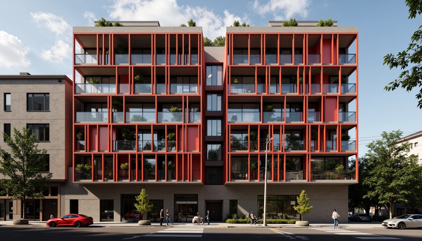 Prompt: Geometric apartment building, constructivist facade, bold red accents, industrial metal frames, rectangular windows, minimalist balconies, urban cityscape, concrete textures, brutalist architecture, functional design, modernist influences, abstract patterns, monochromatic color scheme, dramatic shadows, high-contrast lighting, 1/1 composition, symmetrical framing, realistic materials, ambient occlusion.