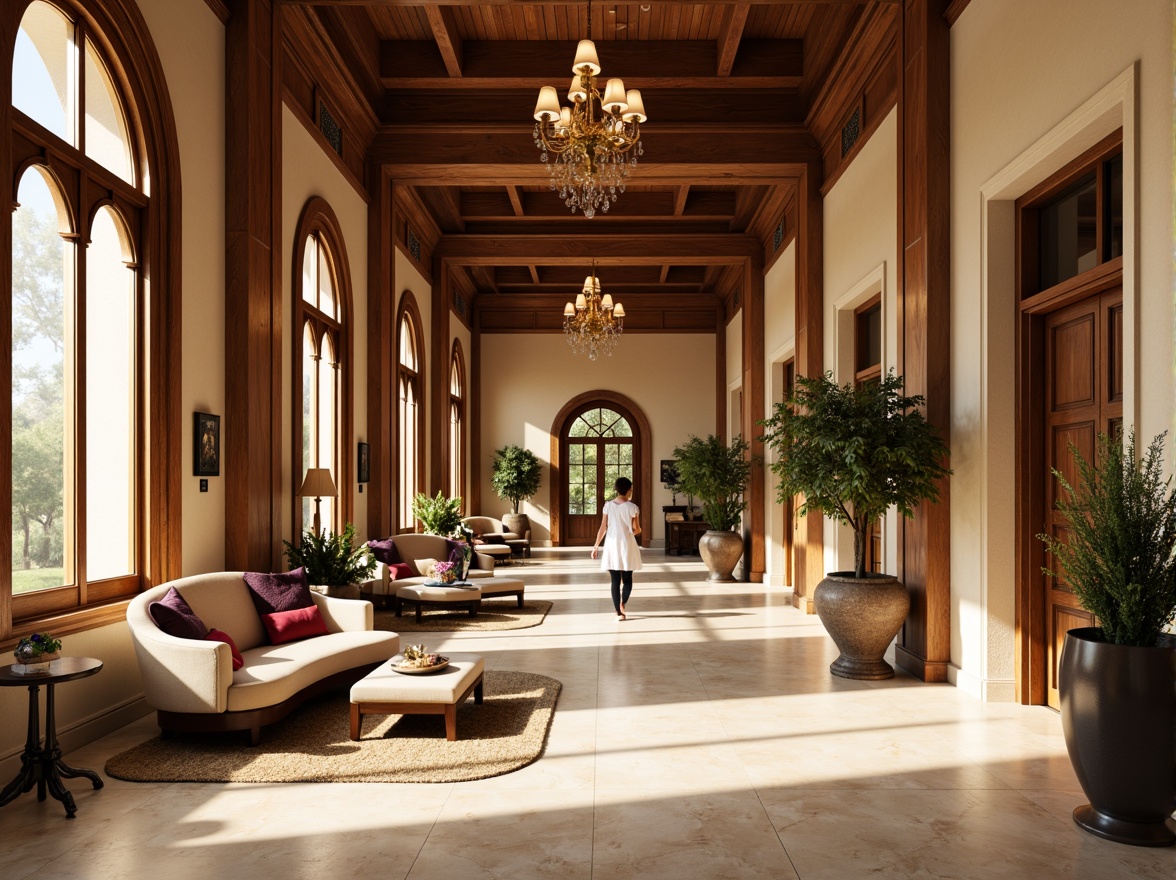 Prompt: Luxurious Renaissance hotel lobby, rich wood accents, ornate furnishings, velvet drapes, golden chandeliers, warm beige walls, soft cream marble floors, elegant archways, grand staircases, lavish flower arrangements, subtle scent of lavender, afternoon sunlight, warm golden lighting, shallow depth of field, 1/1 composition, realistic textures, ambient occlusion.