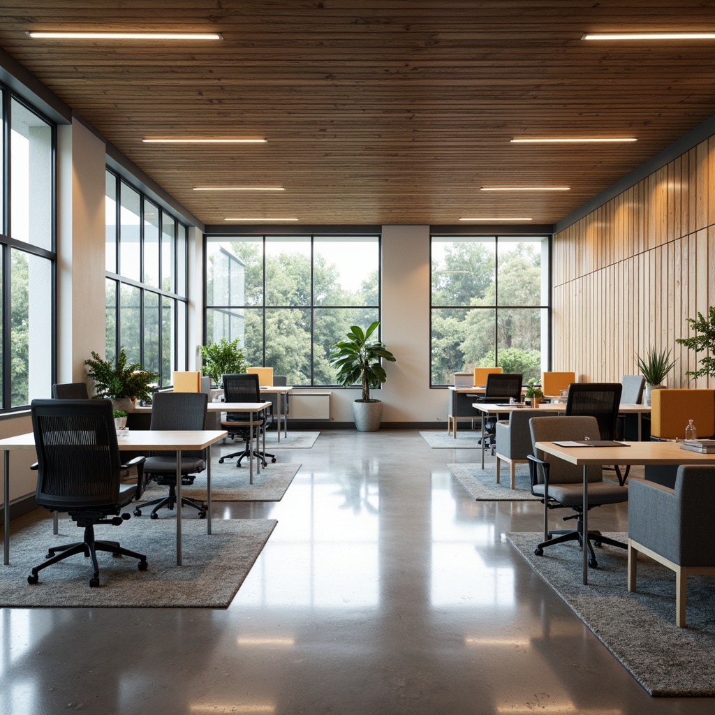 Prompt: Functional office space, modern minimalist decor, sleek metal furniture, ergonomic chairs, spacious workstations, collaborative meeting areas, acoustic panels, natural wood accents, floor-to-ceiling windows, abundant natural light, soft warm lighting, 1/1 composition, shallow depth of field, realistic textures, ambient occlusion.