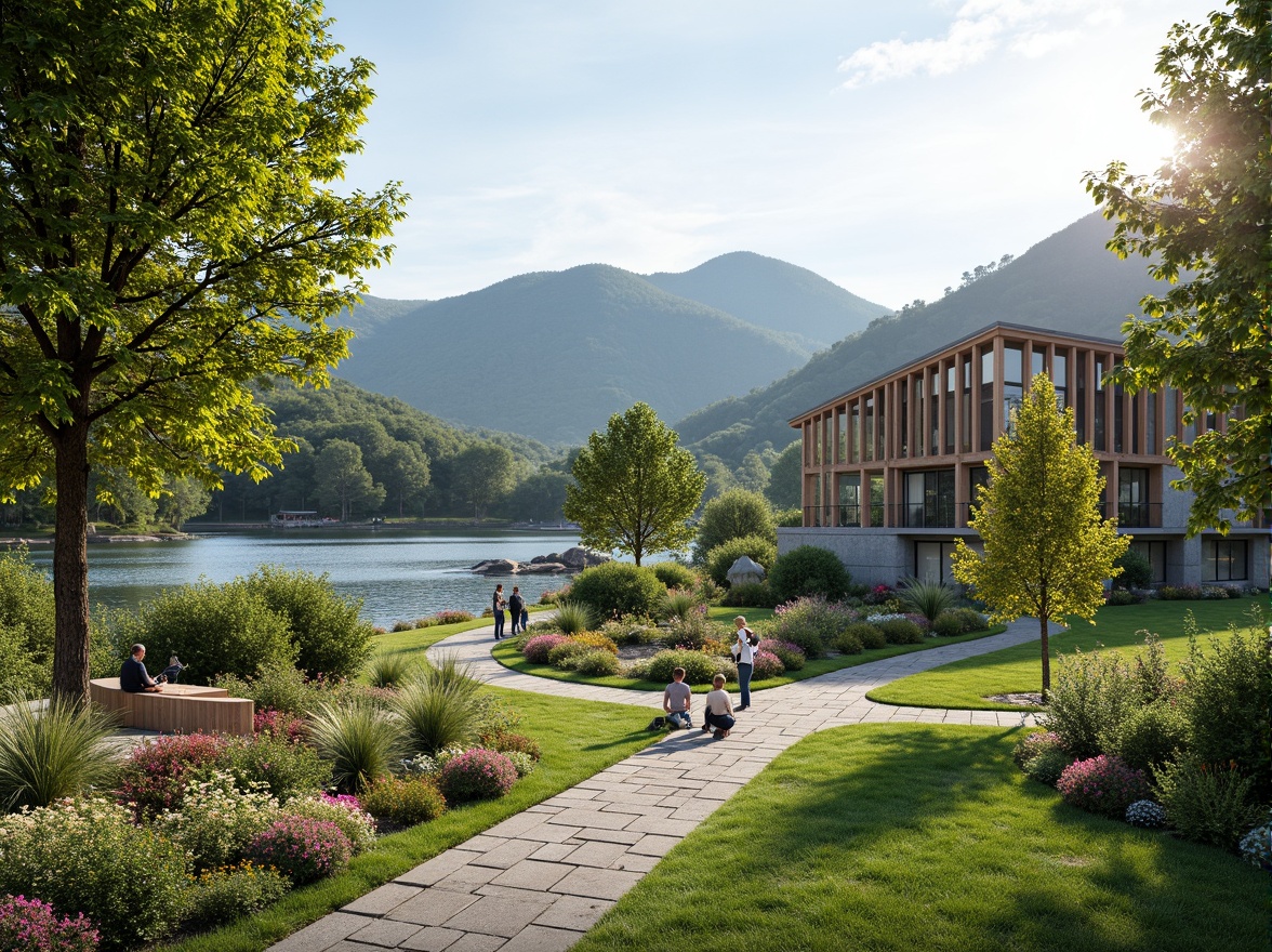 Prompt: Harmonious landscape integration, rolling hills, lush greenery, serene lakeside, walking trails, wooden benches, natural stone pathways, modern architecture, large windows, glass doors, blooming flowers, sunny day, soft warm lighting, shallow depth of field, 3/4 composition, panoramic view, realistic textures, ambient occlusion.