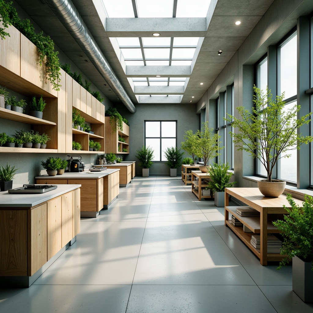 Prompt: Minimalist laboratory interior, eco-friendly materials, recycled countertops, energy-efficient lighting, natural ventilation systems, green walls, living plants, reclaimed wood furniture, simple geometric shapes, industrial chic aesthetic, monochromatic color scheme, abundant natural light, soft diffused shadows, 1/1 composition, shallow depth of field, realistic textures, ambient occlusion.