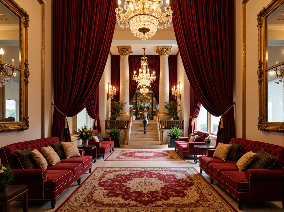 Prompt: Luxurious hotel lobby, rich velvet drapes, ornate golden frames, plush carpeting, intricately patterned rugs, majestic marble columns, crystal chandeliers, soft warm lighting, neoclassical architecture, grand staircase, elegant furnishings, sophisticated color palette, luxurious fabrics, silk upholstery, brocade accents, tufted leather sofas, refined wood tones, subtle sheen, shallow depth of field, 1/1 composition, realistic textures, ambient occlusion.