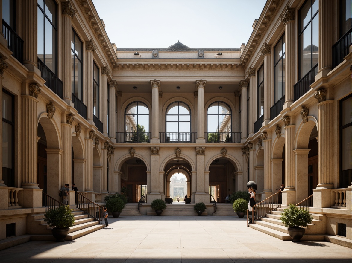 Prompt: Grandiose neoclassical building, symmetrical facade, ornate columns, carved stone details, imposing entrance, sweeping staircases, elegant archways, refined moldings, subtle color palette, natural light pouring through tall windows, dramatic shadows, precise 1/1 composition, central axis alignment, bilateral symmetry, classical orders, rusticated base, pedimented roof, ornamental balustrades, majestic proportions, serene atmosphere, soft warm lighting, high contrast ratio.