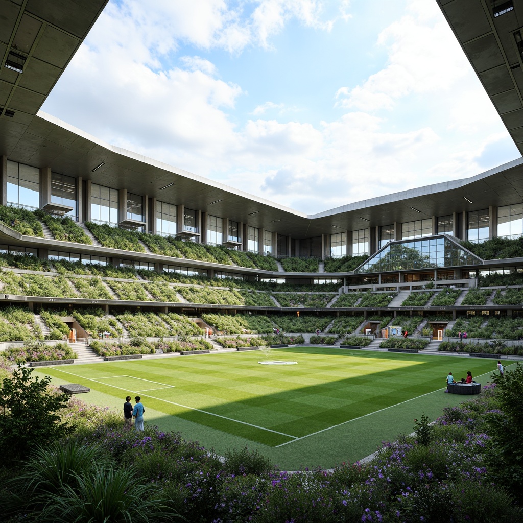 Prompt: Eco-friendly stadium, recycled materials, green roofs, solar panels, wind turbines, rainwater harvesting systems, low-carbon concrete, FSC-certified wood, reclaimed wood accents, energy-efficient LED lighting, natural ventilation systems, large windows, transparent fa\u00e7ades, minimal waste management, composting facilities, organic landscaping, native plant species, permeable pavement, stormwater management systems, circular economy principles, biophilic design elements, futuristic architecture, angular lines, dynamic shapes, vibrant color schemes, panoramic views, shallow depth of field, 3/4 composition.