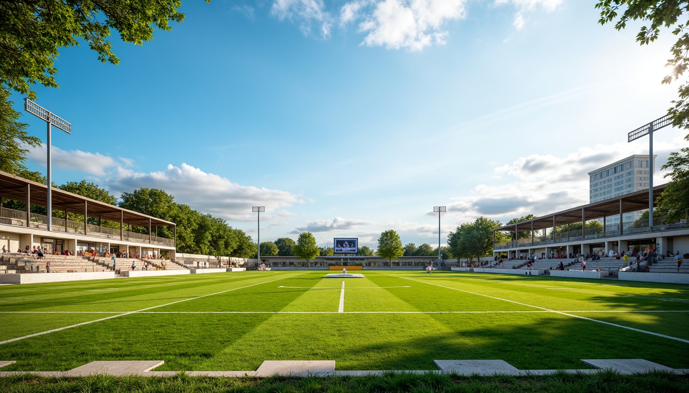 Prompt: Vibrant green grass, bright white lines, bold yellow goalposts, deep blue skies, warm sunny day, natural earthy tones, rustic wooden benches, weathered metal fences, dynamic athletic tracks, modern sports equipment, sleek scoreboard displays, energetic crowd atmosphere, shallow depth of field, 1/1 composition, realistic textures, ambient occlusion.