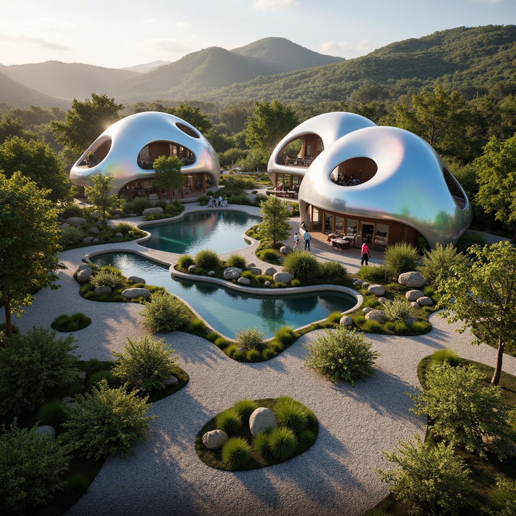 Prompt: Organic blob-shaped buildings, futuristic architecture, iridescent colors, glossy surfaces, undulating curves, natural landscape integration, rolling hills, lush greenery, meandering pathways, serene water features, reflecting pools, raked gravel gardens, moss-covered walls, weathered wood accents, soft warm lighting, shallow depth of field, 3/4 composition, panoramic view, realistic textures, ambient occlusion.