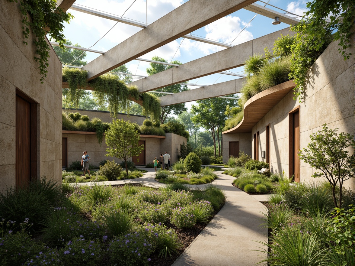 Prompt: Vibrant green roofs, lush vegetation, solar panels, skylights, clerestory windows, natural stone walls, reclaimed wood accents, earthy color palette, organic shapes, curved lines, open floor plans, minimal obstruction, abundant daylight, soft warm glow, low-angle sunlight, 1/1 composition, shallow depth of field, realistic textures, ambient occlusion.