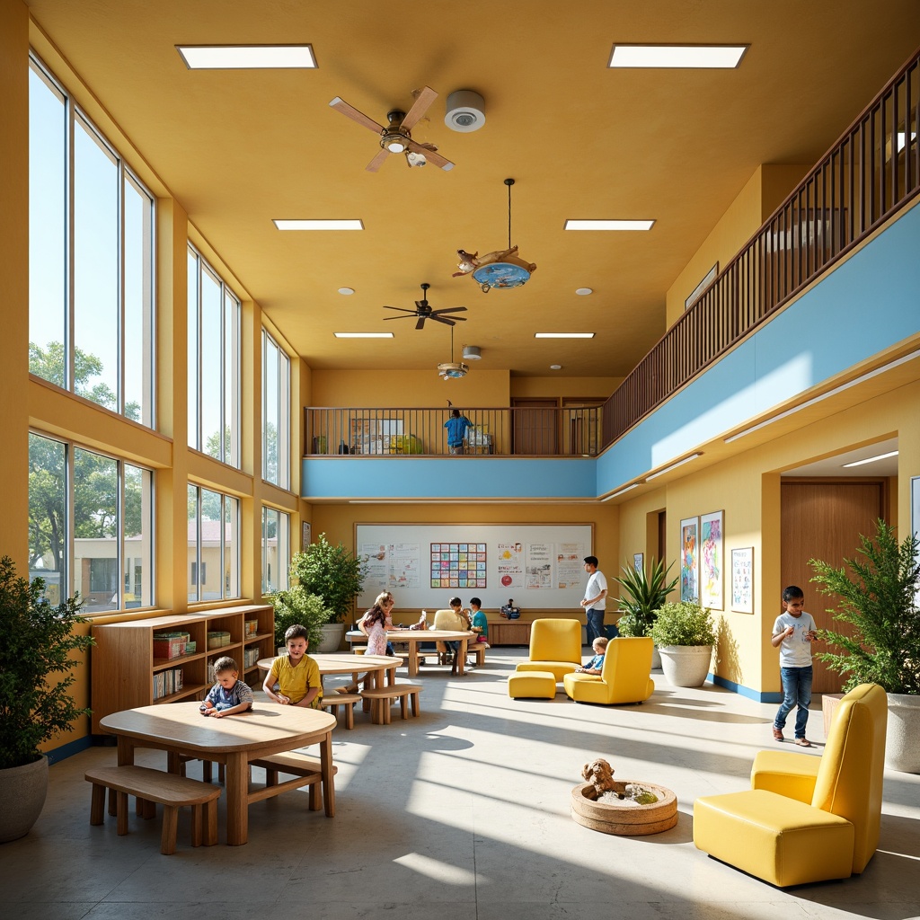 Prompt: Vibrant elementary school, playful color scheme, warm beige walls, bright blue accents, energetic yellow furniture, stimulating greenery, interactive whiteboards, collaborative learning spaces, natural light pouring in, softbox lighting, shallow depth of field, 3/4 composition, panoramic view, realistic textures, ambient occlusion.