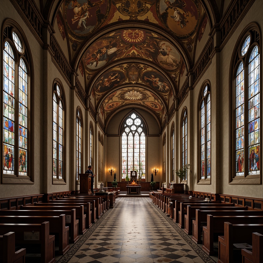 Prompt: Intricate stone carvings, ornate wooden pews, stained glass windows, grandiose vaulted ceilings, ribbed arches, Gothic-inspired columns, lavish frescoes, ornamental metalwork, intricate mosaics, subtle warm lighting, soft focus, shallow depth of field, 1/2 composition, symmetrical framing, richly patterned textiles, luxurious velvet drapes, polished marble floors, ornate golden accents, mystical ambiance, serene atmosphere.