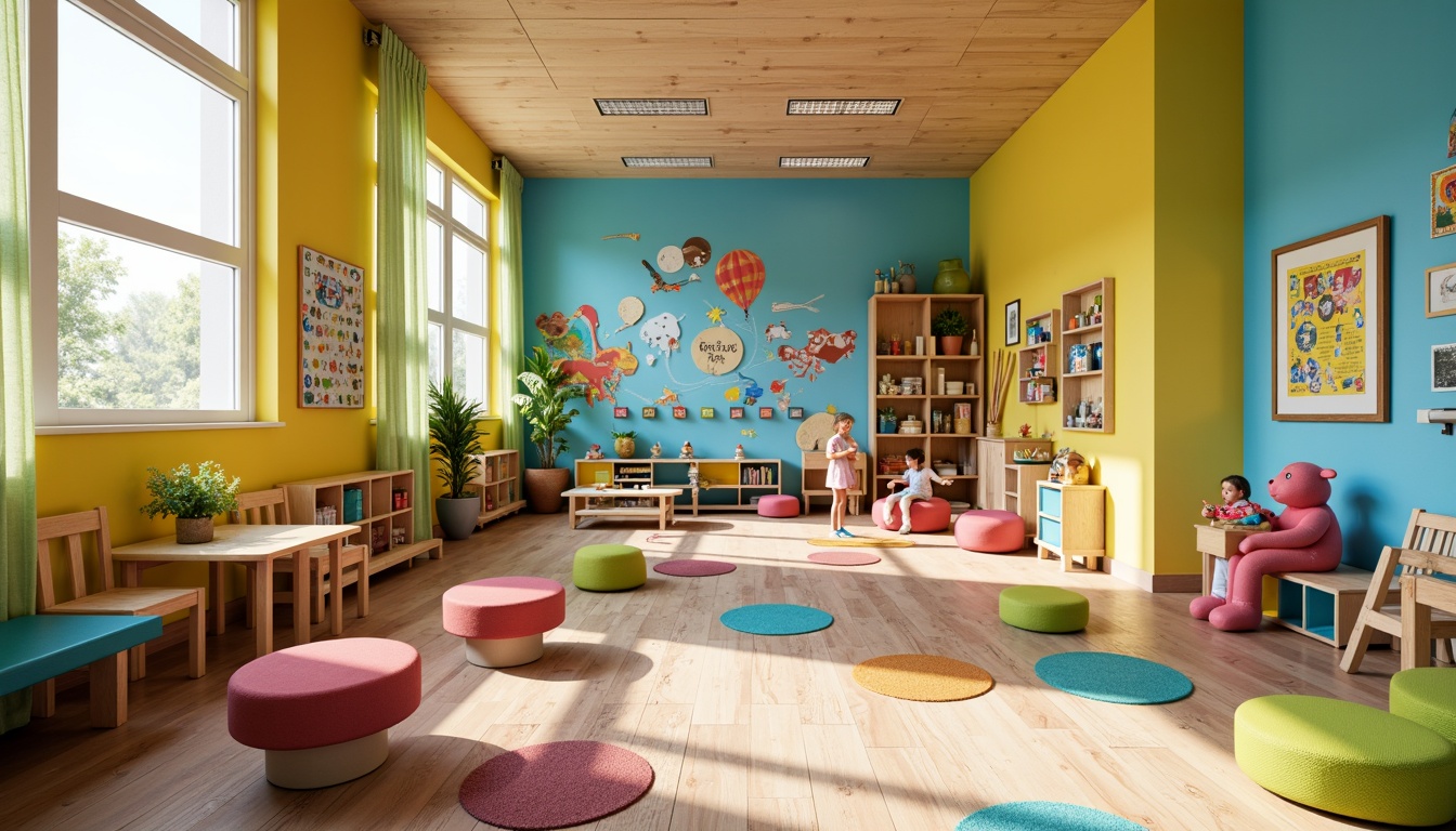 Prompt: Vibrant kindergarten social housing, playful color palette, bright yellow walls, sky blue accents, lime green furniture, soft pink curtains, natural wood textures, cozy reading nooks, educational murals, interactive play areas, sensory stimulation zones, collaborative learning spaces, diverse cultural decorations, inclusive community atmosphere, abundant natural light, warm sunny days, shallow depth of field, 1/1 composition, realistic textures, ambient occlusion.