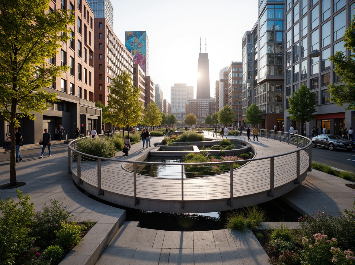 Prompt: Curved pedestrian bridge, sleek metal railings, modernist architecture, urban cityscape, vibrant street art, bustling streets, morning sunlight, soft warm lighting, shallow depth of field, 3/4 composition, panoramic view, realistic textures, ambient occlusion, integrated landscaping, lush greenery, blooming flowers, natural stone walkways, water features, reflecting pools, modern street furniture, innovative urban design, sustainable materials, eco-friendly infrastructure.