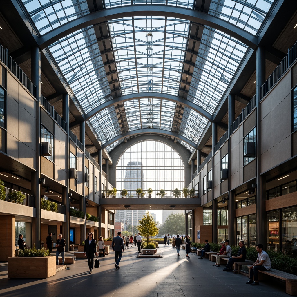 Prompt: Vibrant train station, large glass roofs, clerestory windows, transparent canopies, open atriums, minimalist columns, sleek metal beams, polished concrete floors, modern architecture, abundant natural light, soft warm ambiance, shallow depth of field, 3/4 composition, panoramic view, realistic textures, ambient occlusion, bustling atmosphere, rush hour scenes, urban landscape, city skyline, morning sunlight, afternoon glow, evening twilight.