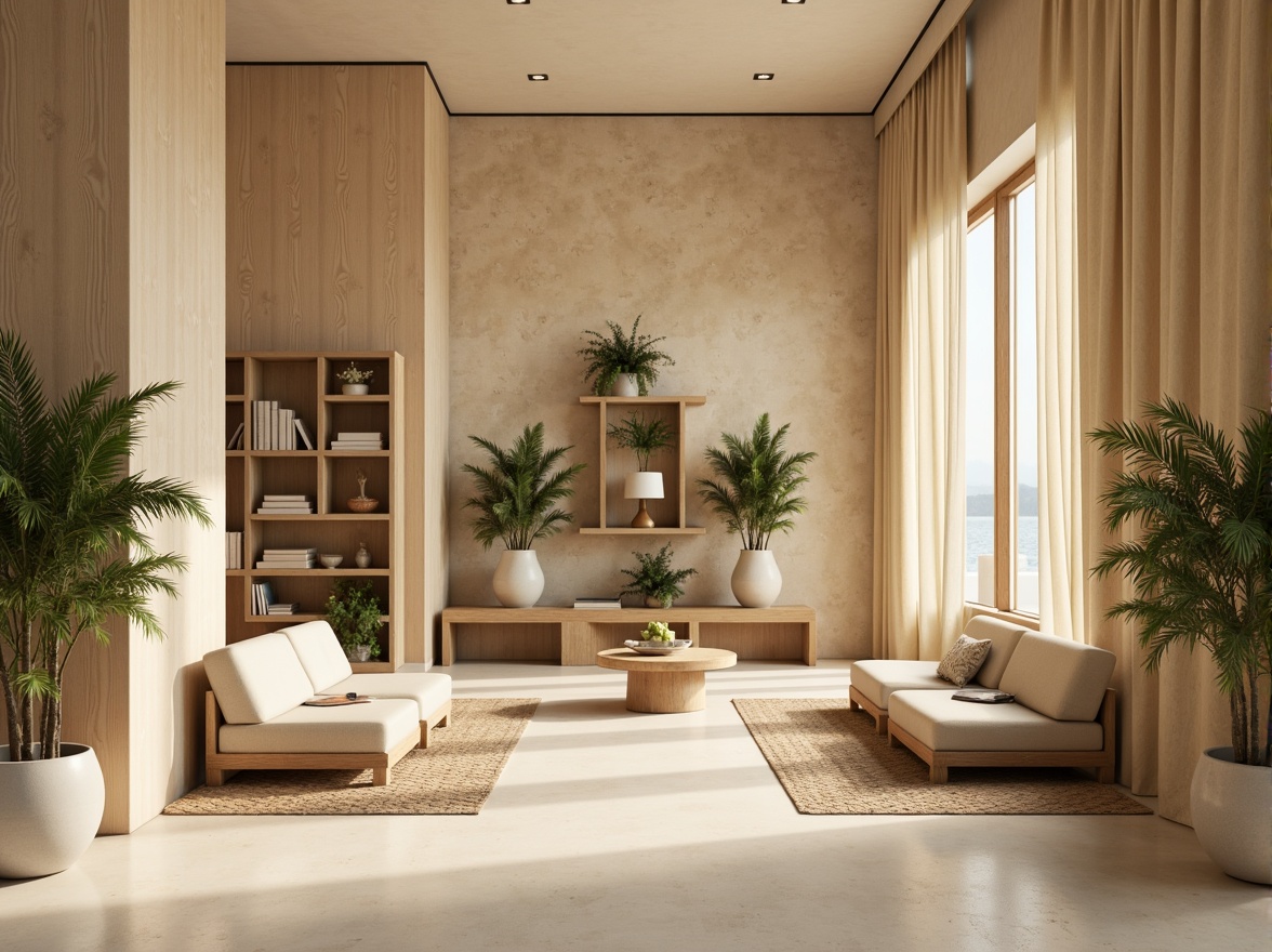 Prompt: Muted earthy tones, soft pastel hues, calming beige walls, natural wood accents, plush greenery, creamy whites, warm golden lighting, cozy reading nooks, comfortable seating areas, minimalist decor, subtle texture contrasts, organic shapes, serene atmosphere, shallow depth of field, 1/1 composition, realistic renderings, ambient occlusion.