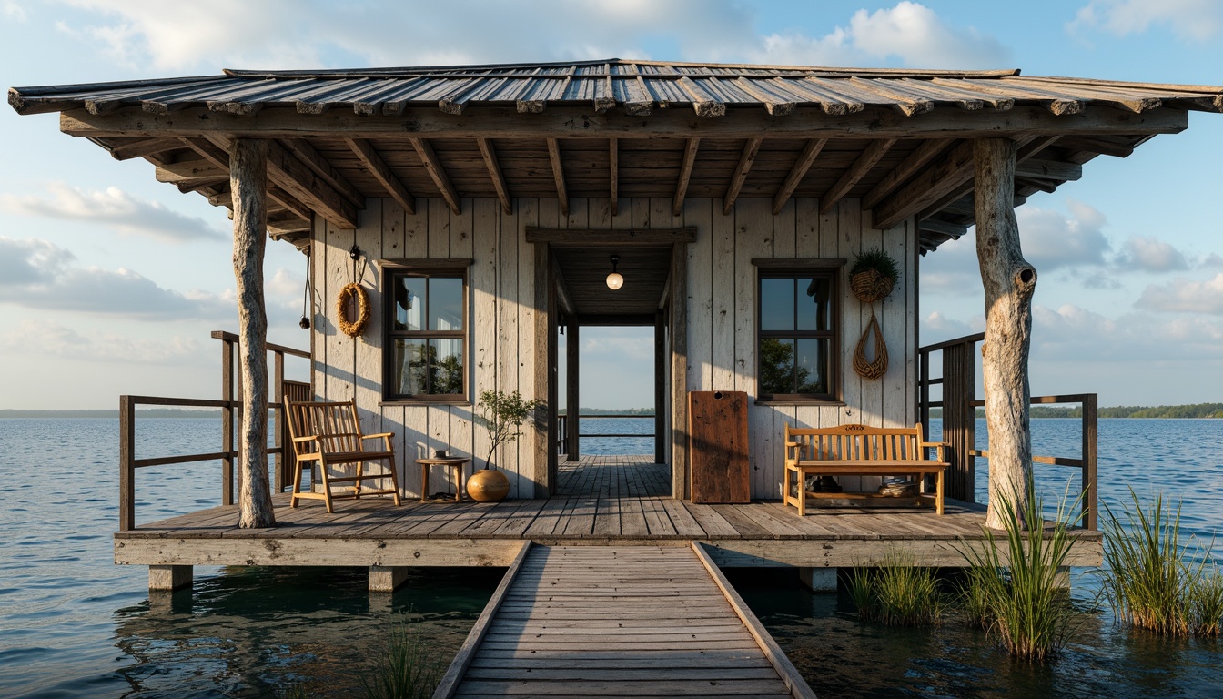 Prompt: Rustic boathouse, weathered wood accents, nautical ropes, distressed finishes, soft blues, calming whites, earthy browns, natural textures, lakefront surroundings, serene atmosphere, warm sunlight, gentle water reflections, 1/2 composition, shallow depth of field, realistic renderings, ambient occlusion.