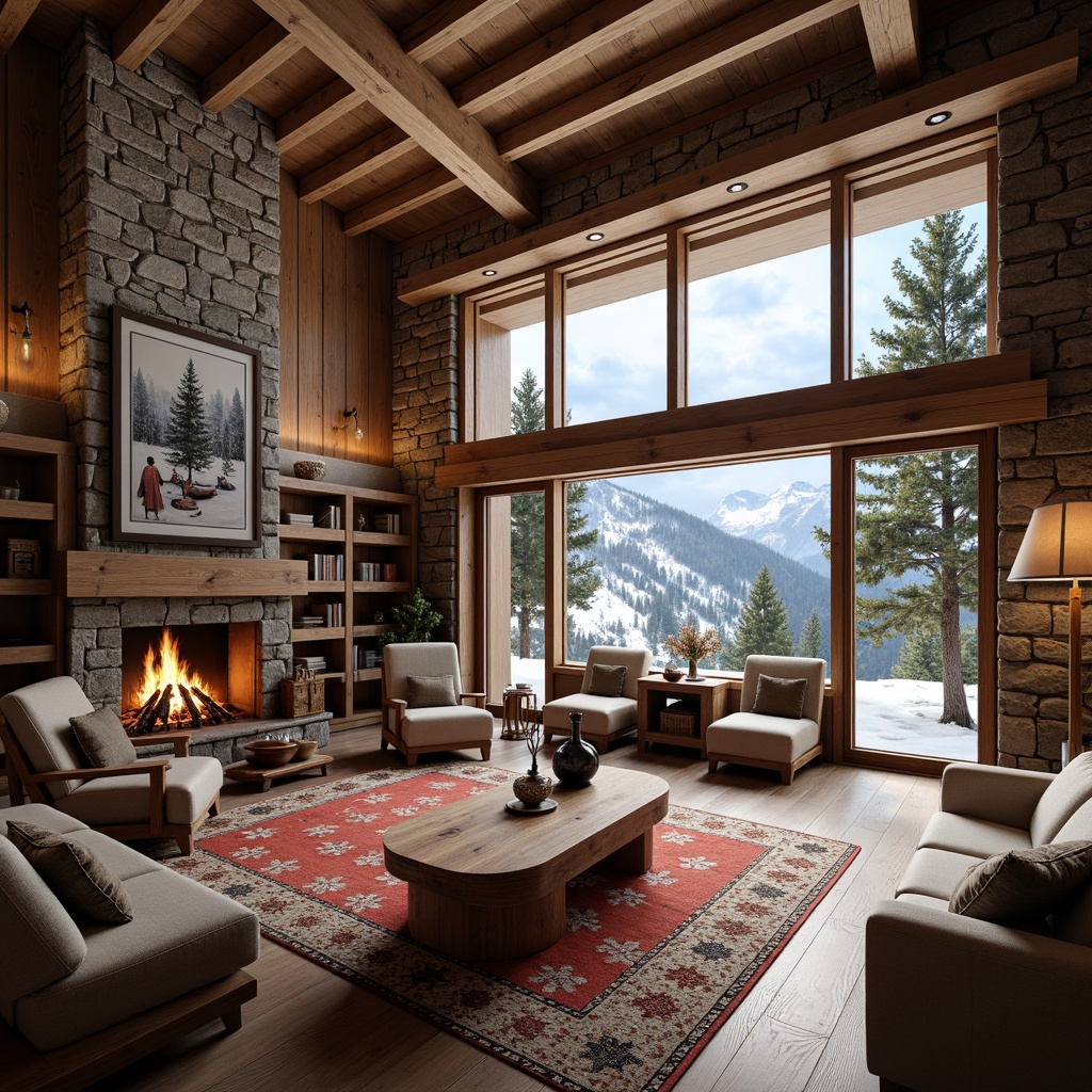 Prompt: Cozy ski lodge, rustic wooden accents, warm fireplace, plush furnishings, snowflake-patterned rugs, wooden ski racks, vintage ski equipment decor, large windows with snowy mountain views, natural stone walls, earthy color palette, soft warm lighting, shallow depth of field, 3/4 composition, panoramic view, realistic textures, ambient occlusion.