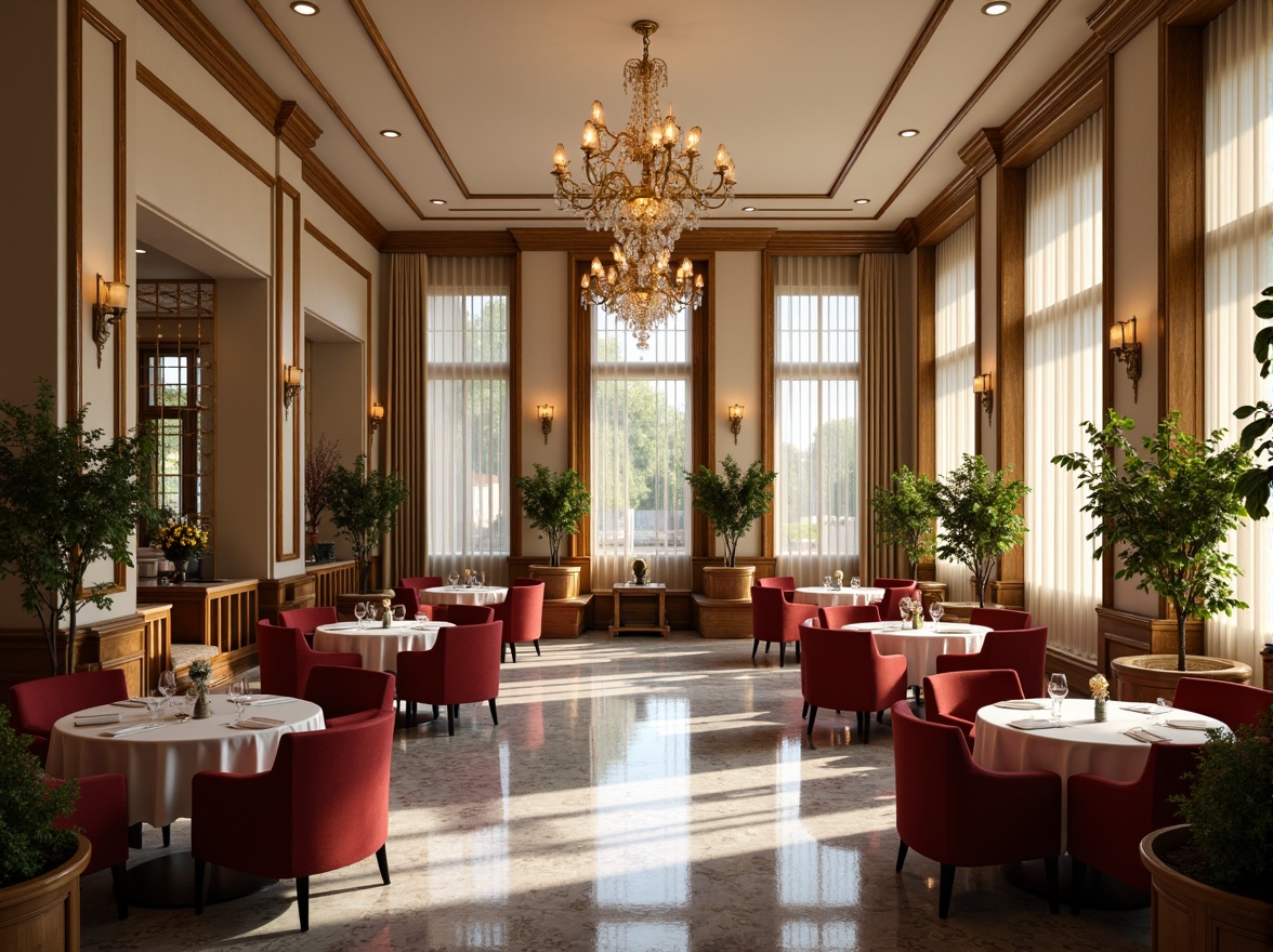 Prompt: Elegant dining hall, luxurious chandeliers, rich wood tones, warm beige walls, soft cream accents, velvety red upholstery, golden metallic fixtures, sophisticated gray marble floors, lavish greenery, natural light pouring in, airy atmosphere, shallow depth of field, 1/1 composition, realistic textures, ambient occlusion.