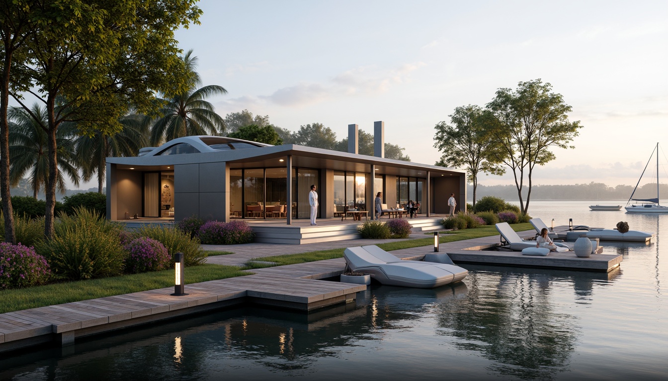 Prompt: Luxurious boathouse, sleek modern design, metallic accents, floor-to-ceiling windows, sliding glass doors, waterfront location, serene lake views, lush greenery, vibrant flowers, wooden docks, sailboats, yachts, futuristic lighting systems, ambient LED illumination, shallow water reflections, misty morning atmosphere, soft warm glow, 1/1 composition, realistic textures, detailed normal maps.