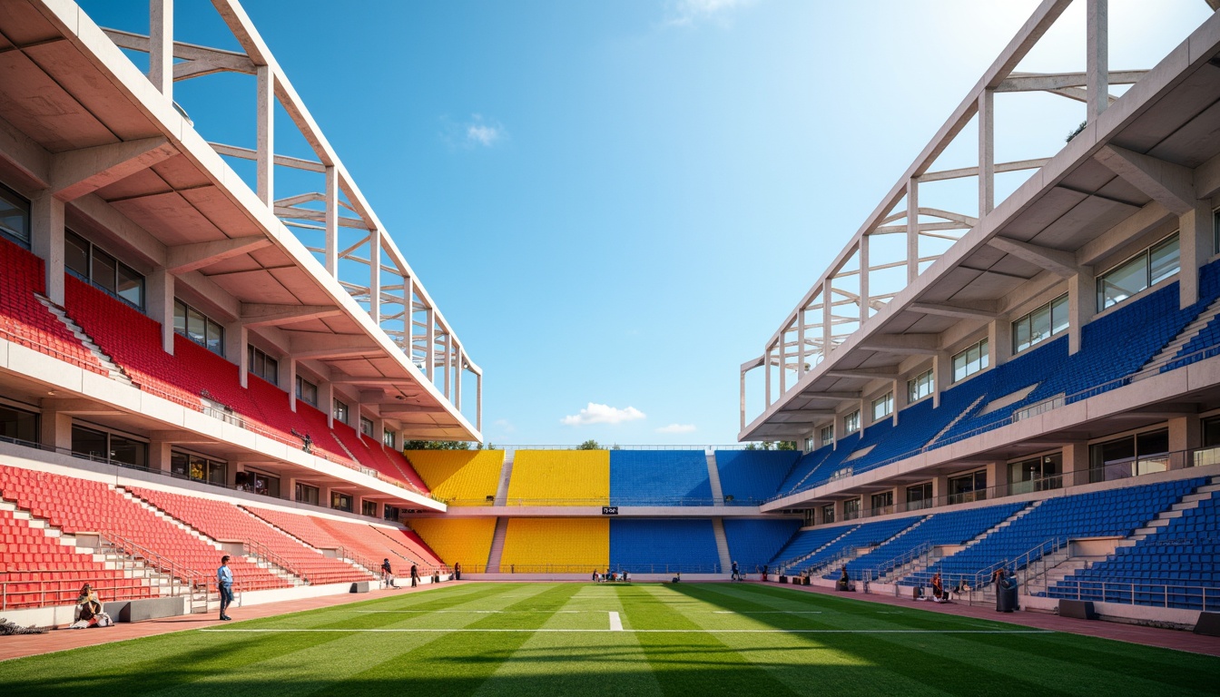 Prompt: Vibrant stadium architecture, bold geometric shapes, primary color scheme, bright red accents, deep blue tones, yellow highlights, white concrete structures, industrial metal beams, minimalist design, functional simplicity, athletic track, green grass fields, sunny day, dramatic shadows, high-contrast lighting, 1/1 composition, symmetrical framing, abstract textures, ambient occlusion.