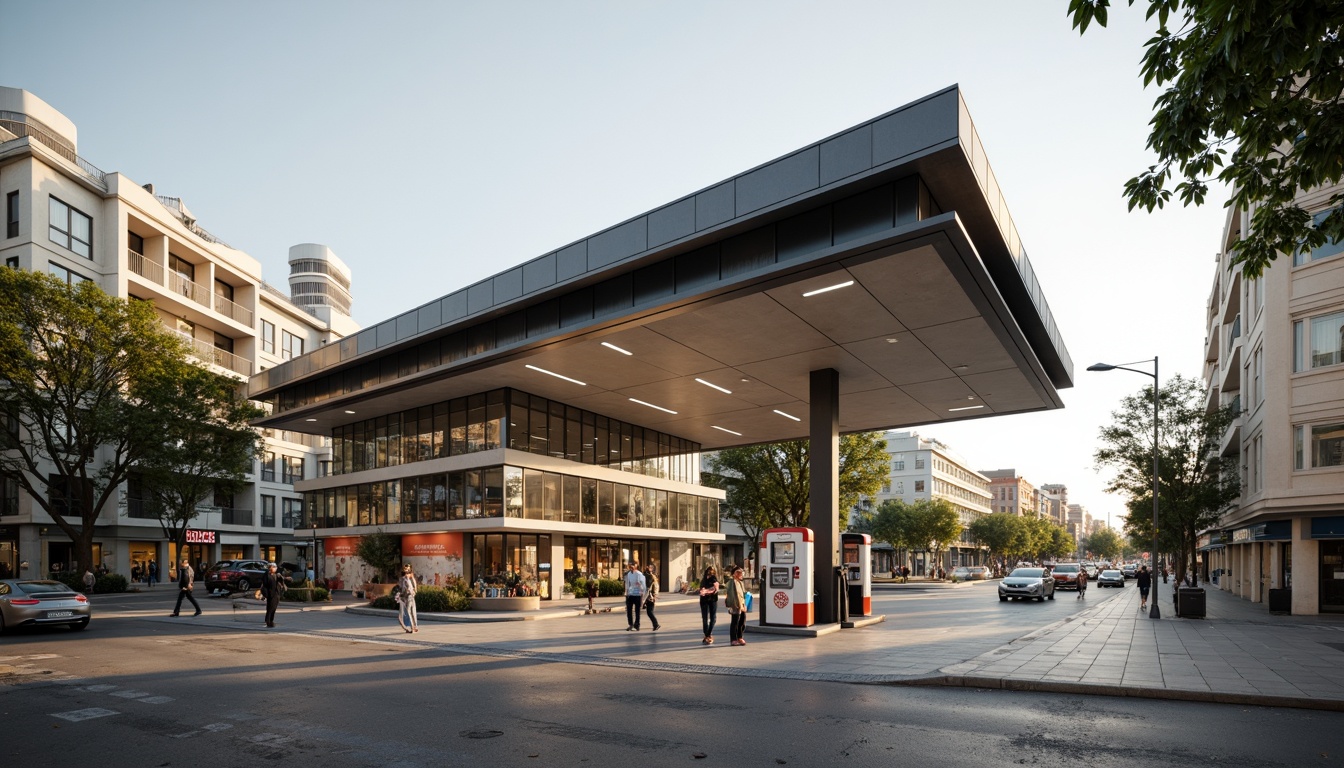 Prompt: Modernist gas station, sleek glass panels, minimalist design, angular lines, industrial chic aesthetic, functional architecture, urban landscape, busy city streets, morning sunlight, soft warm lighting, shallow depth of field, 3/4 composition, panoramic view, realistic textures, ambient occlusion, geometric shapes, metallic accents, bold typography, vintage gas pumps, retro-style signage, concrete flooring, steel beams, open ceiling, natural ventilation, functional simplicity.