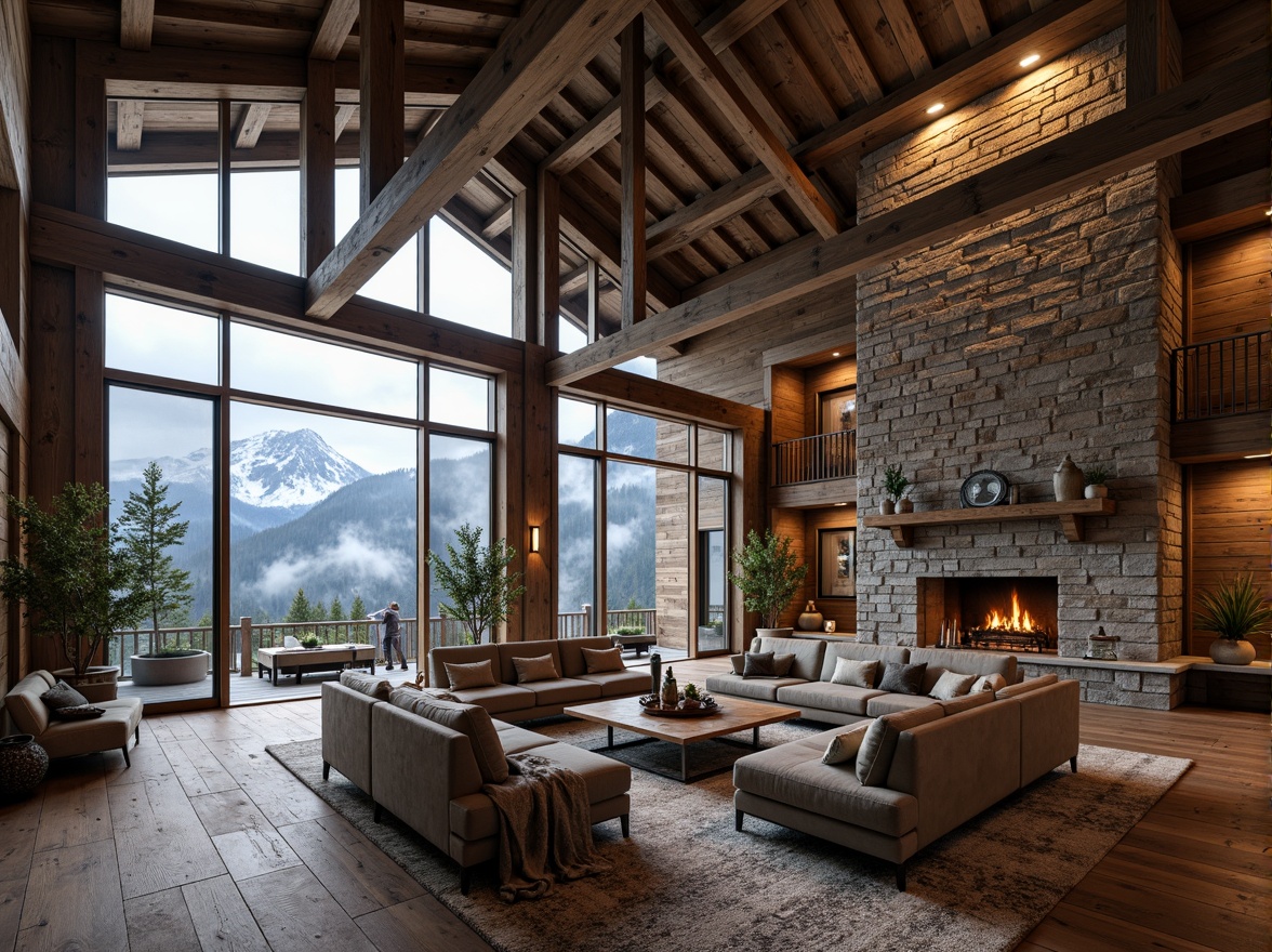 Prompt: Rustic mountain lodge, wooden accents, natural stone walls, earthy color palette, cozy fireplaces, warm ambient lighting, plush furnishings, reclaimed wood floors, metal roofing, industrial-chic decor, modern minimalist design, floor-to-ceiling windows, breathtaking mountain views, snow-capped peaks, misty atmosphere, soft focus, shallow depth of field, 1/2 composition, cinematic mood, realistic textures, subtle color grading.