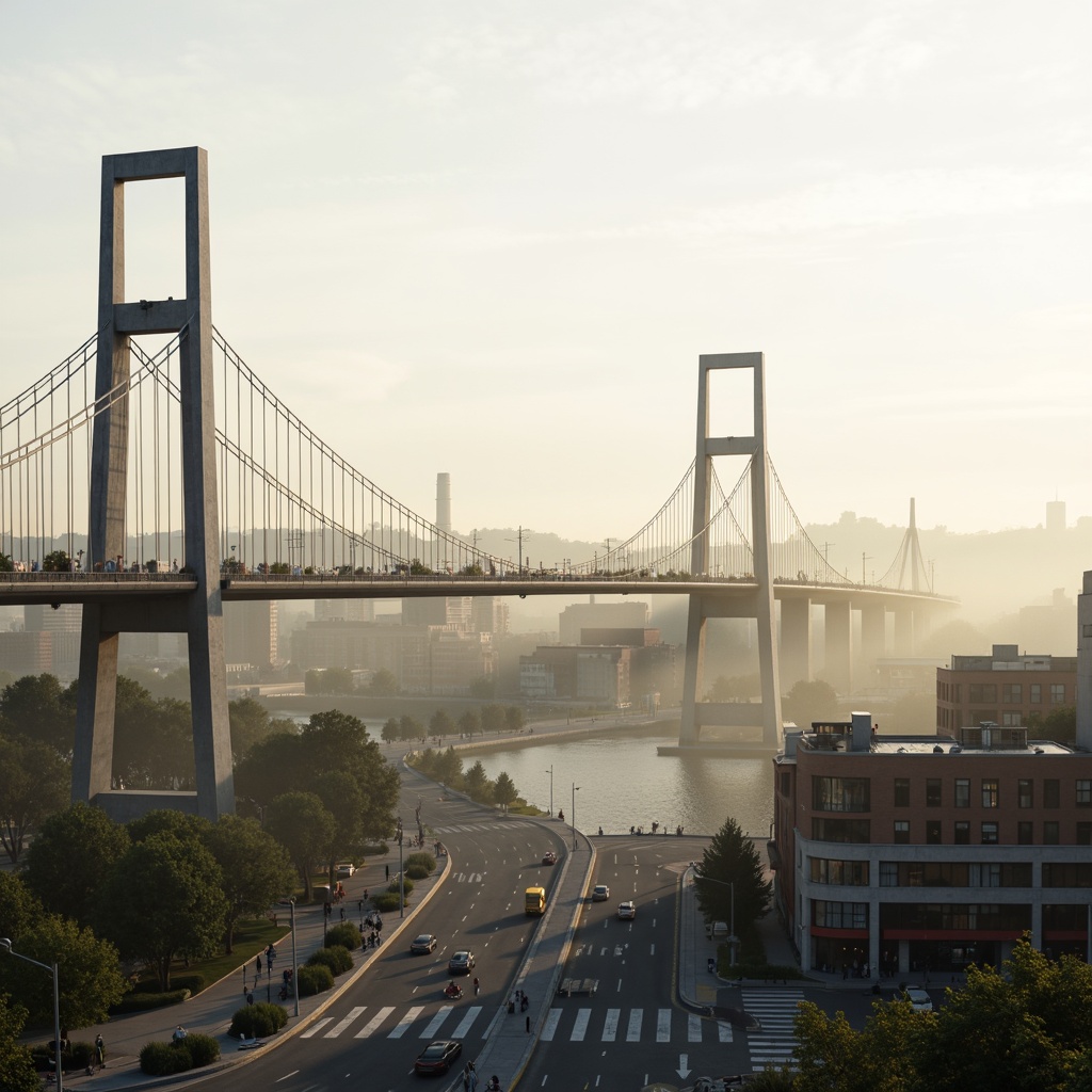 Prompt: Sleek suspension bridge, curved steel arches, sturdy pillars, modern urban landscape, misty morning atmosphere, soft warm lighting, shallow depth of field, 3/4 composition, panoramic view, realistic textures, ambient occlusion, pedestrian walkways, cyclist lanes, vehicular traffic flow, structural integrity, load-bearing capacity, wind resistance, seismic stability, innovative materials, sustainable construction methods, minimalist aesthetic, functional simplicity.