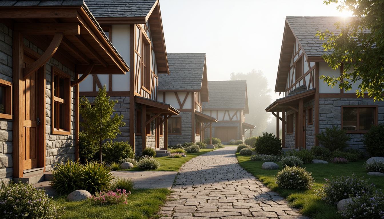 Prompt: Traditional village setting, rustic wooden houses, steeply pitched roofs, wide roof overhangs, ornate wooden brackets, decorative trusses, earthy color palette, natural stone foundations, lush greenery, vibrant flowers, misty morning atmosphere, soft warm lighting, shallow depth of field, 3/4 composition, panoramic view, realistic textures, ambient occlusion.