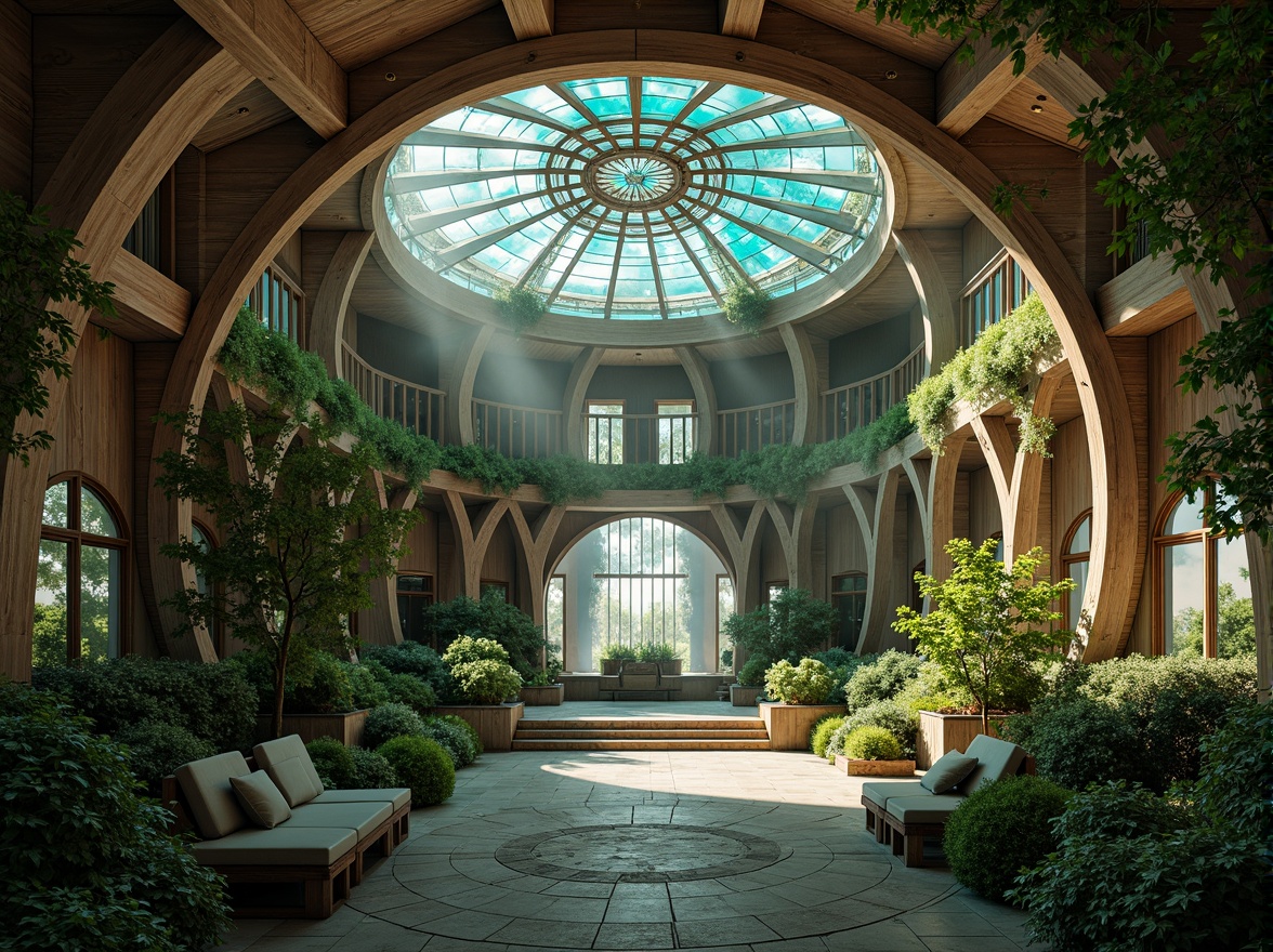 Prompt: Organic temple, undulating curves, biomimetic patterns, iridescent stained glass windows, intricate stone carvings, lush green walls, natural ventilation systems, curved wooden beams, sacred geometric symbols, ornate metalwork, vibrant turquoise accents, soft warm lighting, shallow depth of field, 1/1 composition, realistic textures, ambient occlusion, misty morning atmosphere, serene spiritual ambiance.