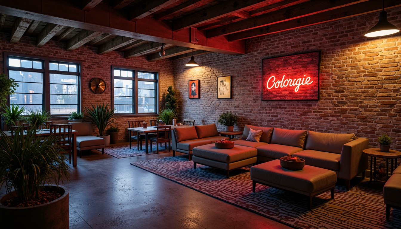 Prompt: Exposed brick walls, industrial metal beams, reclaimed wood accents, distressed concrete floors, eclectic vintage furniture, bold graphic patterns, vibrant neon signs, urban cityscape views, atmospheric misty lighting, shallow depth of field, 1/1 composition, cinematic camera angles, gritty realistic textures, subtle ambient occlusion, warm golden hour glow, rich earthy tones, deep blues and reds, avant-garde artistic expressions.