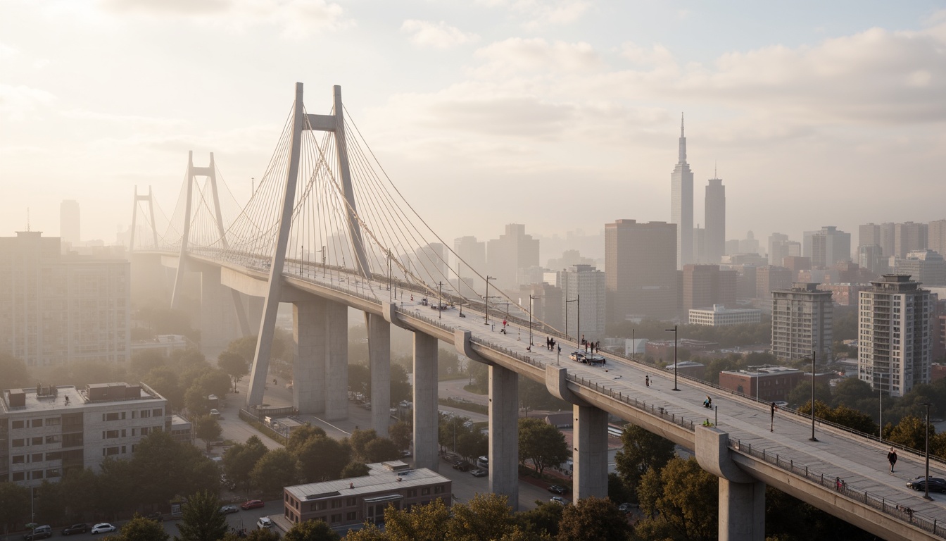 Prompt: Sleek suspension bridge, curved steel arches, sturdy pillars, modern urban landscape, misty morning atmosphere, soft warm lighting, shallow depth of field, 3/4 composition, panoramic view, realistic textures, ambient occlusion, pedestrian walkways, cyclist lanes, vehicular traffic flow, structural integrity, load-bearing capacity, wind resistance, seismic stability, innovative materials, sustainable construction methods, minimalist aesthetic, functional simplicity.