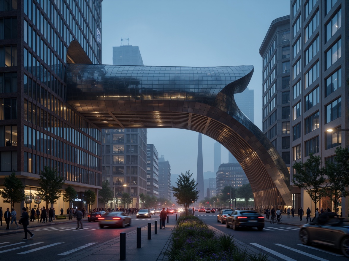 Prompt: Curved bridge silhouette, dynamic sculptural forms, metallic materials, reflective surfaces, urban cityscape, busy traffic flow, pedestrian walkways, cyclist paths, modern architectural style, abstract geometric patterns, LED lighting systems, nighttime illumination, misty atmospheric effects, shallow depth of field, 1/1 composition, symmetrical framing, realistic textures, ambient occlusion.