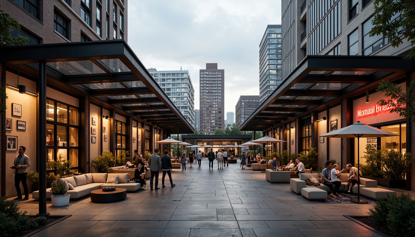 Prompt: Monochromatic modern market, sleek glass roofs, polished metal accents, industrial chic concrete floors, reclaimed wood textures, vibrant neon signage, eclectic mix of vintage and contemporary furniture, urban cityscape backdrop, overcast sky with soft warm lighting, shallow depth of field, 1/1 composition, realistic reflections, ambient occlusion.