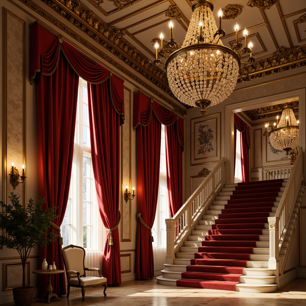 Prompt: Rich velvet curtains, ornate golden details, grand chandeliers, red carpeted stairs, intricate moldings, Baroque-inspired architecture, warm beige stone walls, soft cream-colored marble floors, lavish furnishings, dramatic spotlights, warm golden lighting, shallow depth of field, 1/2 composition, realistic textures, ambient occlusion, Renaissance-era inspired color palette, rich jewel tones, deep crimson reds, emerald greens, sapphire blues, luxurious fabrics, ornate patterns, gilded accents.