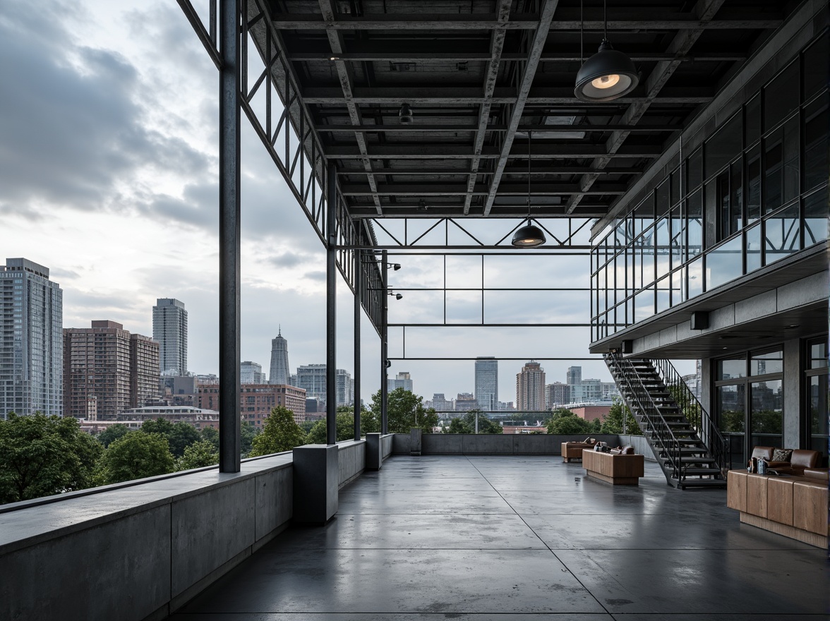 Prompt: Industrial steel-framed building, exposed metal beams, sleek modern architecture, urban cityscape, cloudy grey sky, dramatic lighting, deep shadows, bold geometric shapes, minimalist interior design, polished concrete floors, silver metallic accents, functional staircases, open-plan layout, floor-to-ceiling windows, panoramic city views, 1/1 composition, high-contrast lighting, realistic reflections.