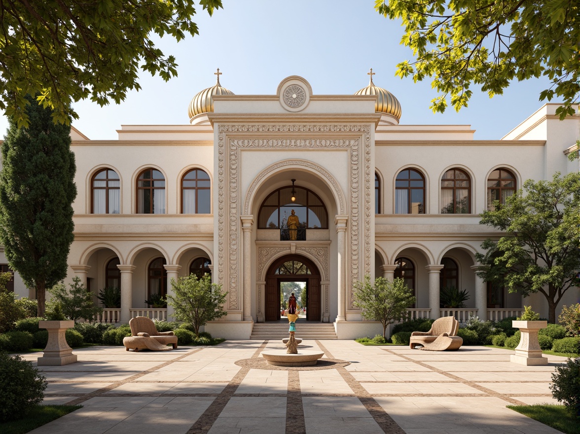 Prompt: Grand monastery entrance, symmetrical facade, neoclassical columns, ornate carvings, golden domes, intricate stone patterns, serene courtyard, lush greenery, vibrant flowers, peaceful ambiance, soft natural lighting, shallow depth of field, 1/1 composition, central axis symmetry, harmonious proportions, elegant archways, refined stucco walls, subtle color palette, warm beige tones, ornate metalwork, devotional statues, mystical atmosphere, morning mist, gentle sunlight.