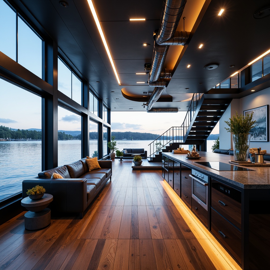 Prompt: Luxurious boathouse interior, high-tech gadgets, sleek metallic accents, polished wooden floors, floor-to-ceiling windows, panoramic lake views, minimalist decor, futuristic lighting systems, ambient LED illumination, ergonomic furniture, premium leather upholstery, nautical-themed accessories, abstract artwork, glass staircase, open-plan living area, state-of-the-art kitchen appliances, induction cooktop, high-gloss countertops, matte black cabinets, industrial-chic pipes, exposed ductwork, dramatic ceiling heights, 1/1 composition, softbox lighting, realistic reflections.