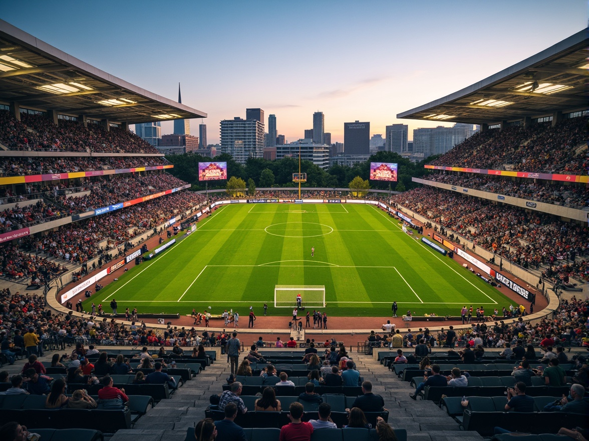 Prompt: Panoramic football stadium, lush green grass, vibrant sports lighting, tiered seating, modern architecture, sleek metal structures, angular lines, dynamic curves, natural stone fa\u00e7ades, glass roofs, open-air concourses, urban cityscape, bustling streets, evening atmosphere, warm golden lighting, shallow depth of field, 3/4 composition, realistic textures, ambient occlusion.