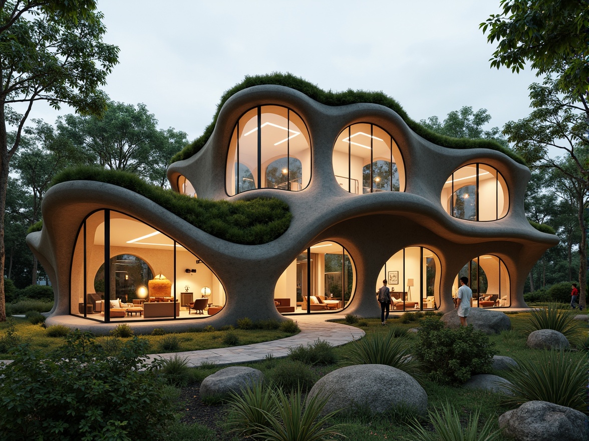 Prompt: Curvaceous blob-like houses, organic shapes, fluid lines, natural materials, earthy tones, moss-covered roofs, living walls, greenery integration, futuristic architecture, avant-garde design, irregular forms, amoeba-inspired structures, soft rounded edges, translucent glass facades, warm ambient lighting, cozy interior spaces, minimalist decor, sustainable building practices, eco-friendly materials, innovative insulation systems, panoramic views, shallow depth of field, 1/1 composition, realistic textures, ambient occlusion.