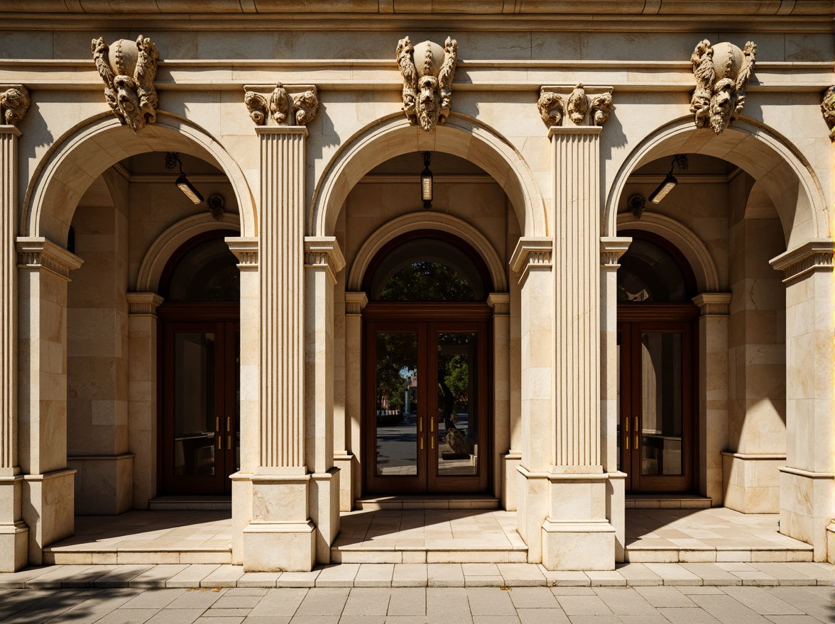 Prompt: Elegant neoclassical facade, ornate columns, carved stone details, symmetrical composition, grand entranceways, sweeping arches, intricate moldings, richly textured stucco, warm beige tones, soft cream hues, muted gold accents, subtle earthy undertones, dramatic chiaroscuro lighting, high-contrast shadows, atmospheric perspective, 1/2 composition, realistic textures, ambient occlusion.