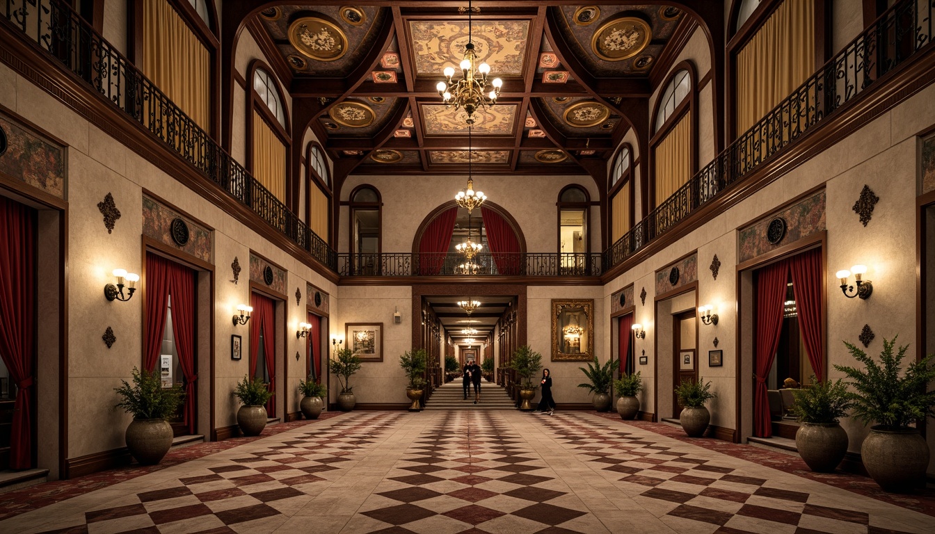 Prompt: Grand entrance, ornate archways, rustic stone walls, wooden accents, elegant chandeliers, fresco ceilings, intricate moldings, luxurious carpets, vintage-style signage, antique bronze hardware, ornamental columns, grand staircases, majestic high ceilings, warm soft lighting, 1/1 composition, realistic textures, ambient occlusion, Renaissance-inspired patterns, rich jewel-toned colors, opulent fabrics, lavish decorations.